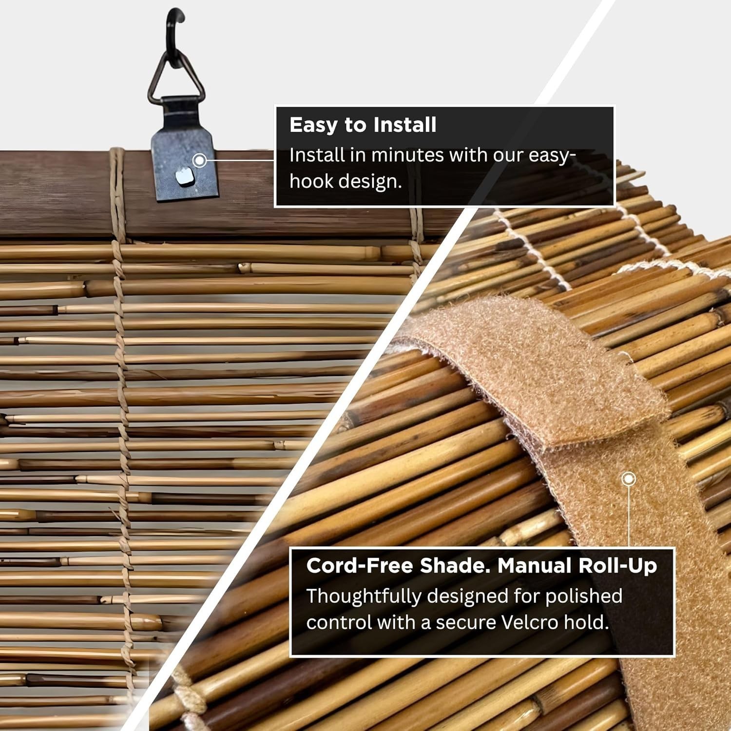 Light-Filtering Cord-Free Bamboo Reed Roll-Up Blind Shades for Windows Manual…