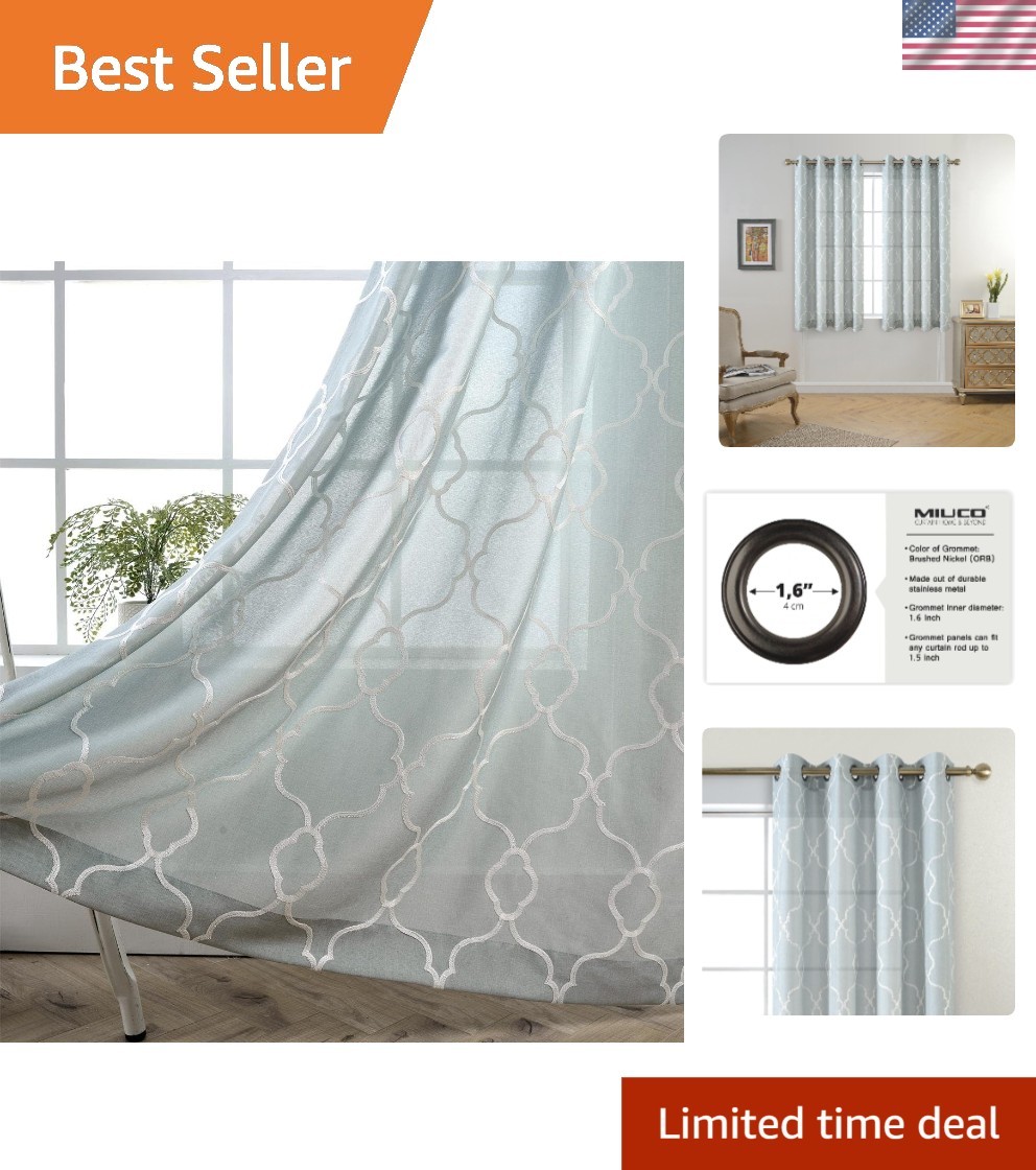 Luxurious Moroccan Embroidered Semi-Sheer Curtains – Sea Foam, 52×63 In (Pair)
