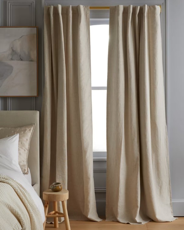 NWT QUINCE BLACKOUT EUROPEAN LINEN CURTAIN PANEL SET FLAX (2) 48 X 84 L $184