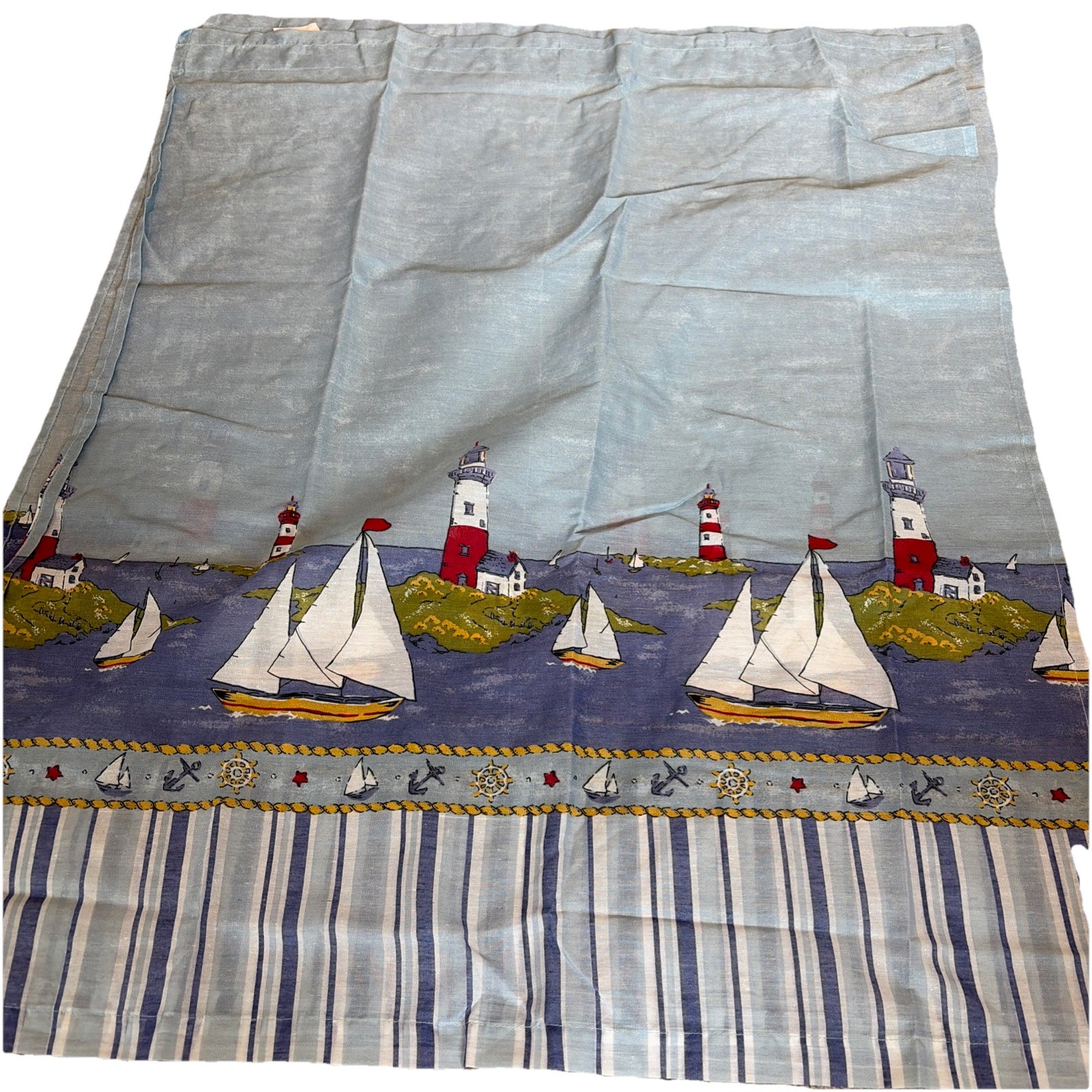 Nautical Curtain Set Swag & Panels Blue Lightweight Lighthouse Summer NEW