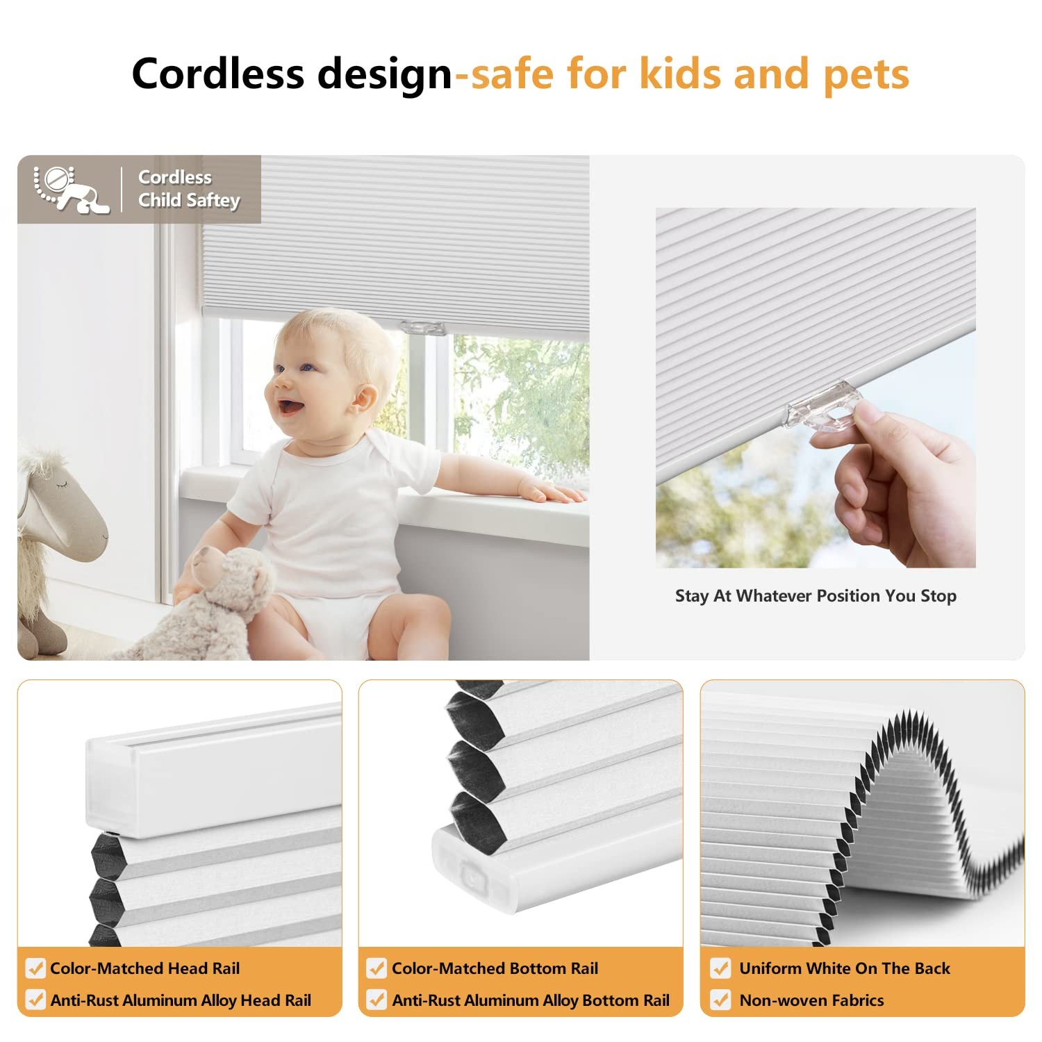 LazBlinds Cordless Cellular Shades, Blackout 22” W x 36” H, Blackout-white