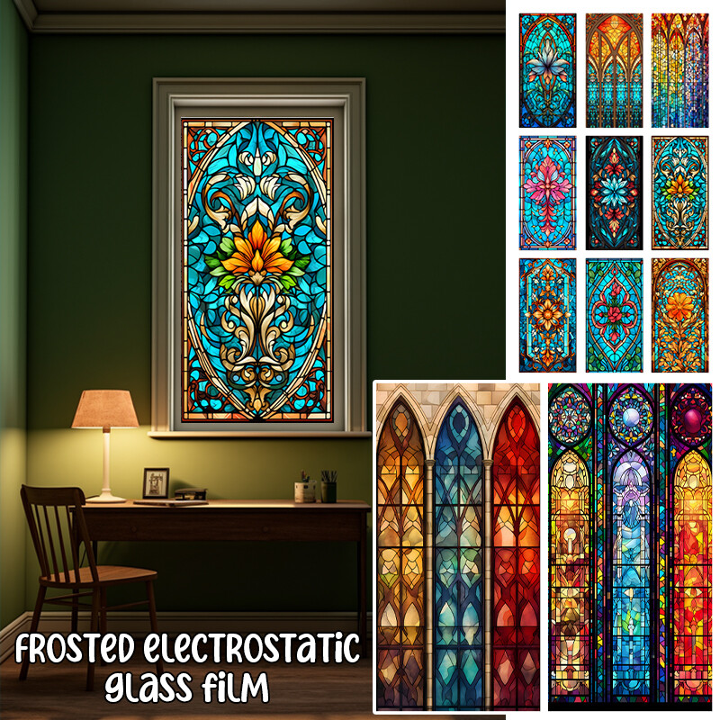 US Vintage Stained Glass Film Cling Window Sticker Home Bathroom Door Decor
