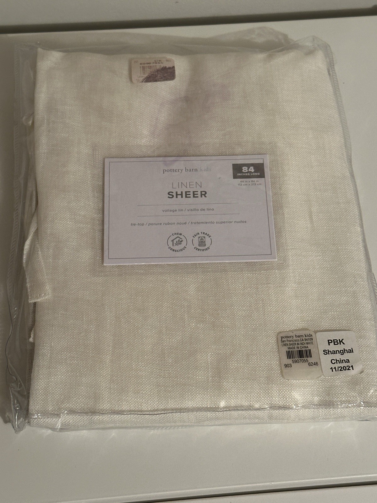 Pottery Barn Kids Linen Sheer Tie Top Ties Curtain Single Panel White 44 x 84″
