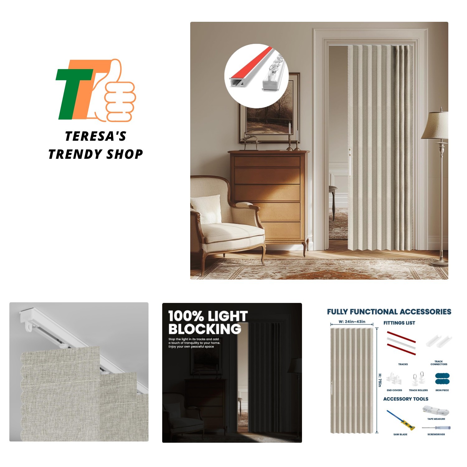 100% Blackout Accordion Door Curtain with Accessories, 43W x 79L, Cream White
