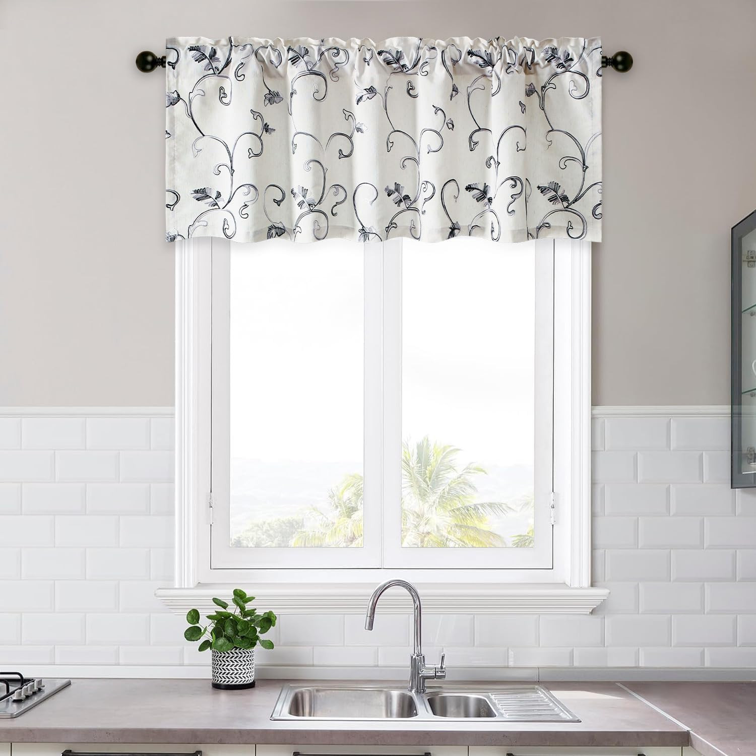 Embroidered Vines Drapes & Valances Set for Living Room & Kitchen, 52×96/52×18