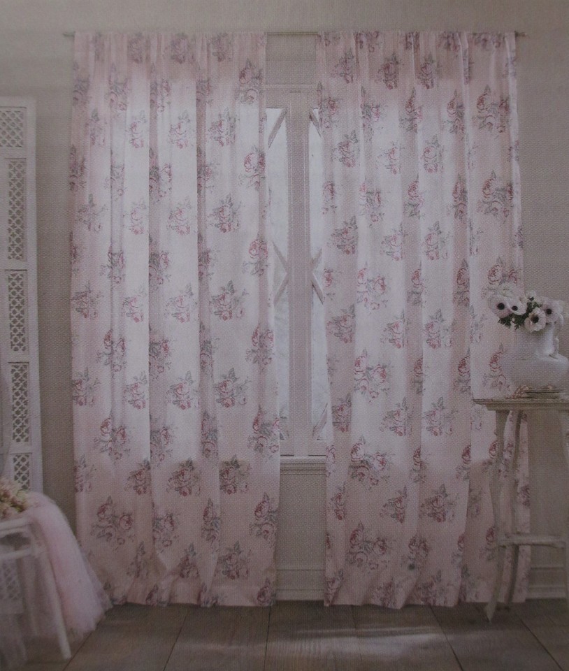 One NEW Simply Shabby Chic Pink Voile Cabbage Rose Floral Panels Curtain Drape