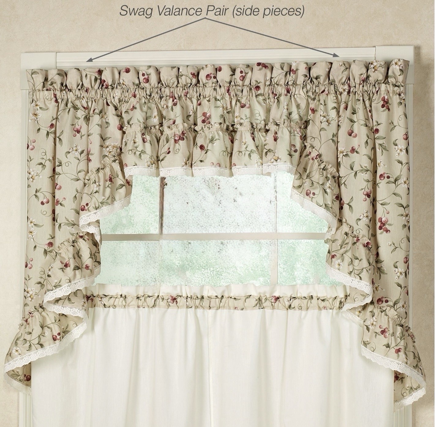 Cherries Natural Ruffled Cotton Washable (4) Panels (3 Complete) Valances A39