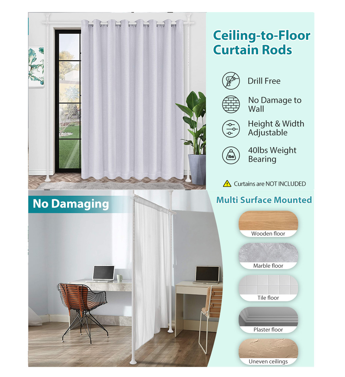 Adjust Room Divider Partition Tension white Rod Bar for 28-70″ W | 48-120 inch H