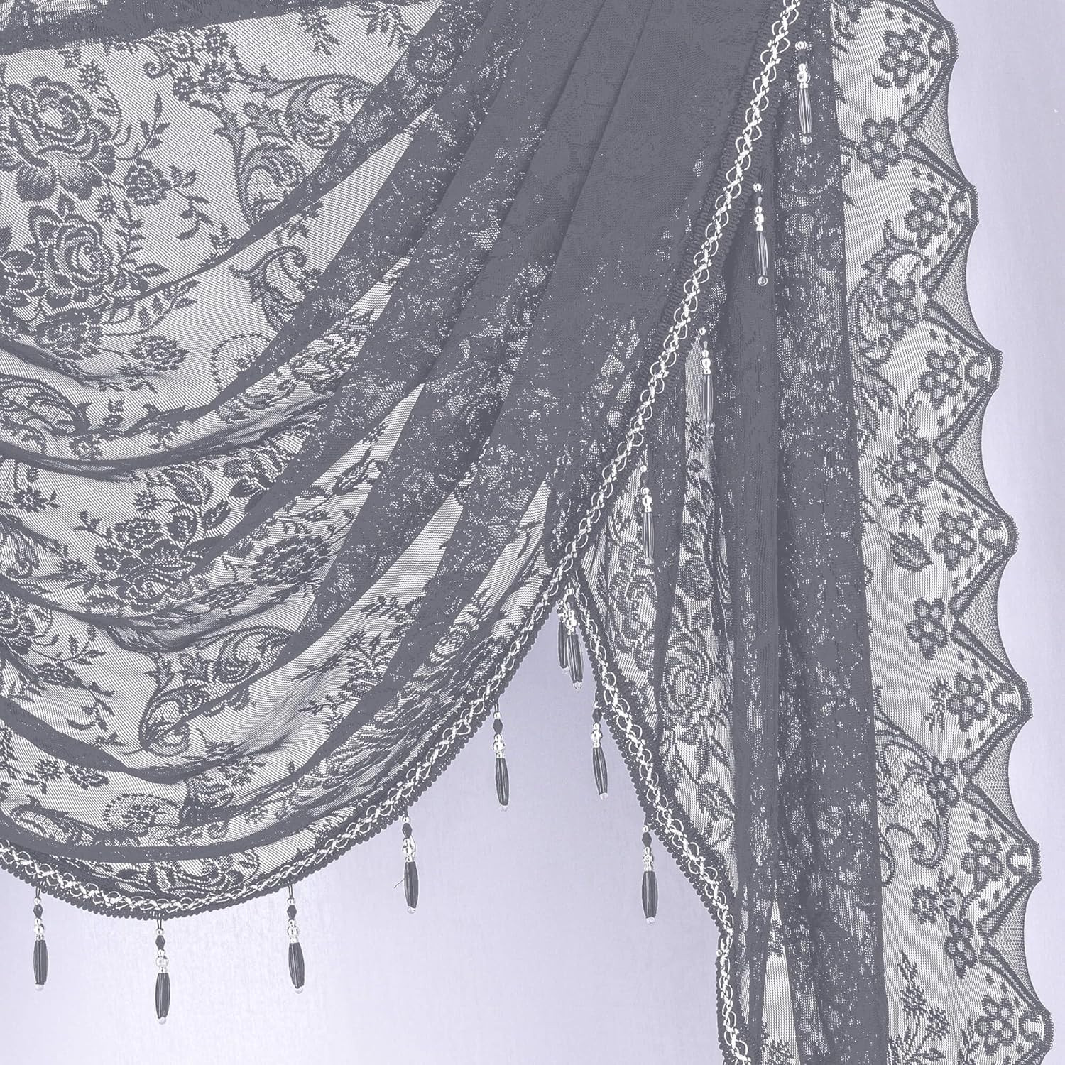 Grey Lace Waterfall Swag Curtain Valances for Living Room Windows, Boho Semi She