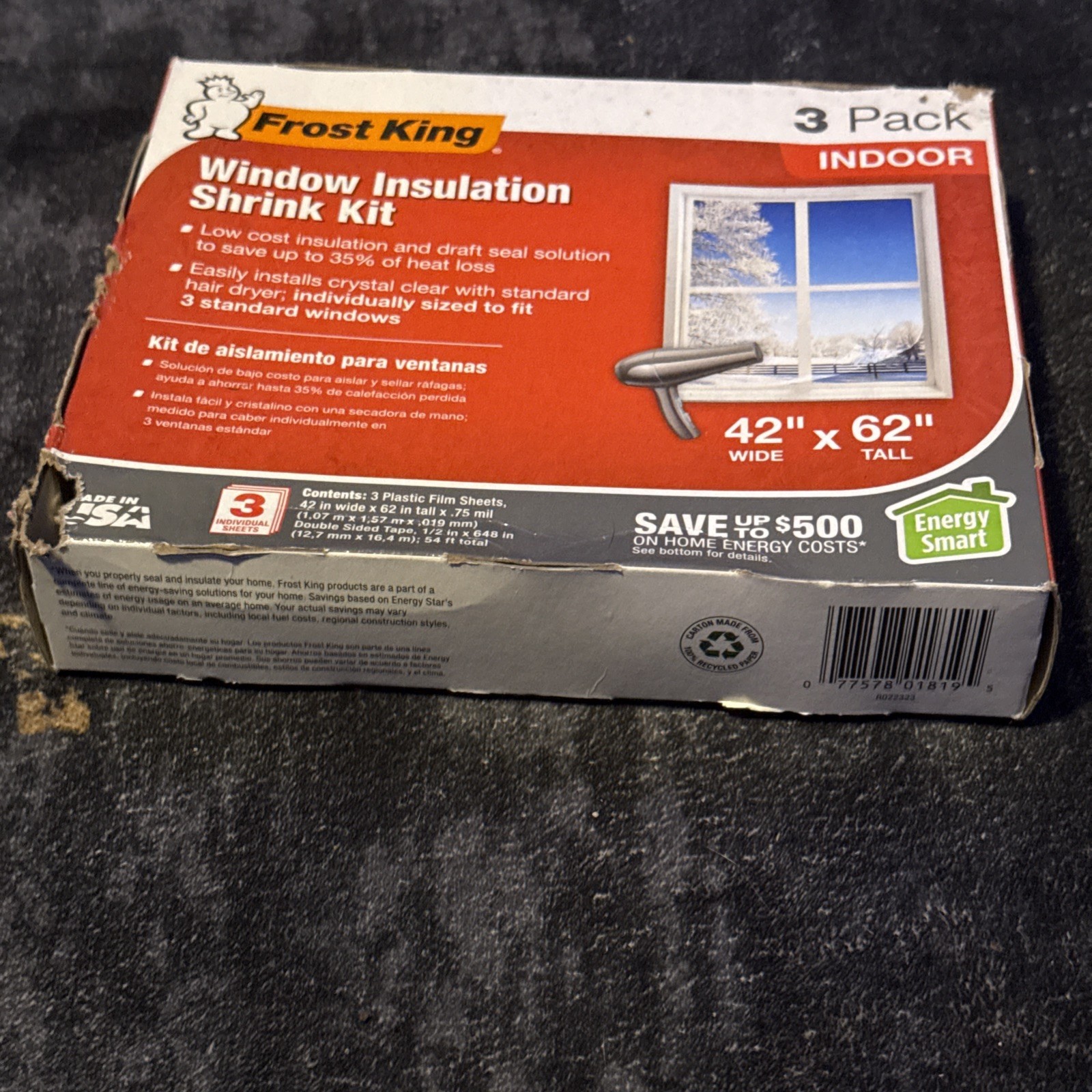Frost King Indoor Window Insulation Shrink Kit 62 in x 42 in 3pk Clear NIB