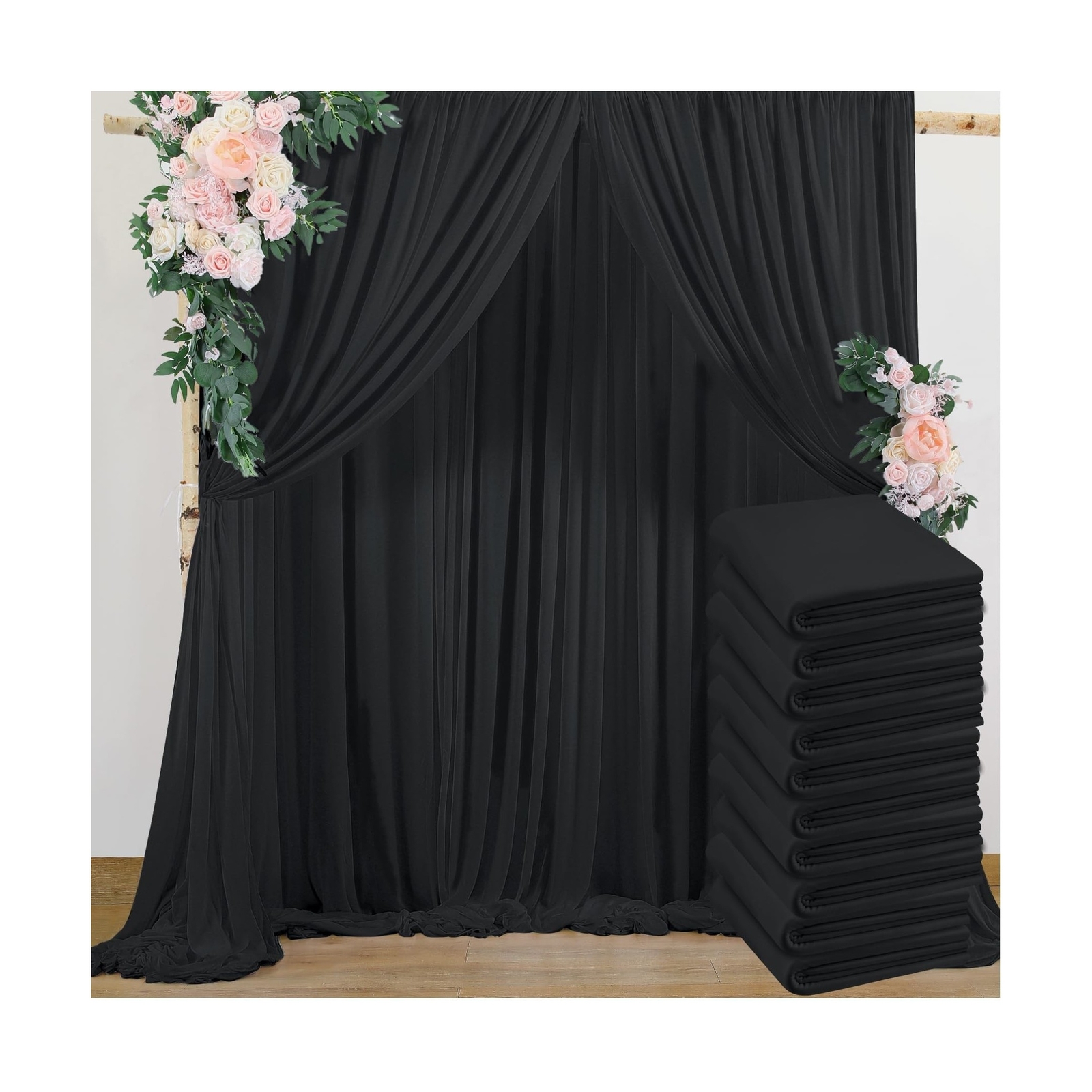 10ftx50ft Black Wrinkle-Free Backdrop Curtain Drapes, 10 Panels Thick 5ftx10f…