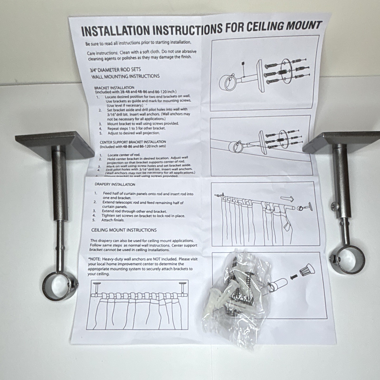 3/4 in Ceiling Mount Curtain Rod Brackets Set, Silver Metal, 2 Pack w/Screws