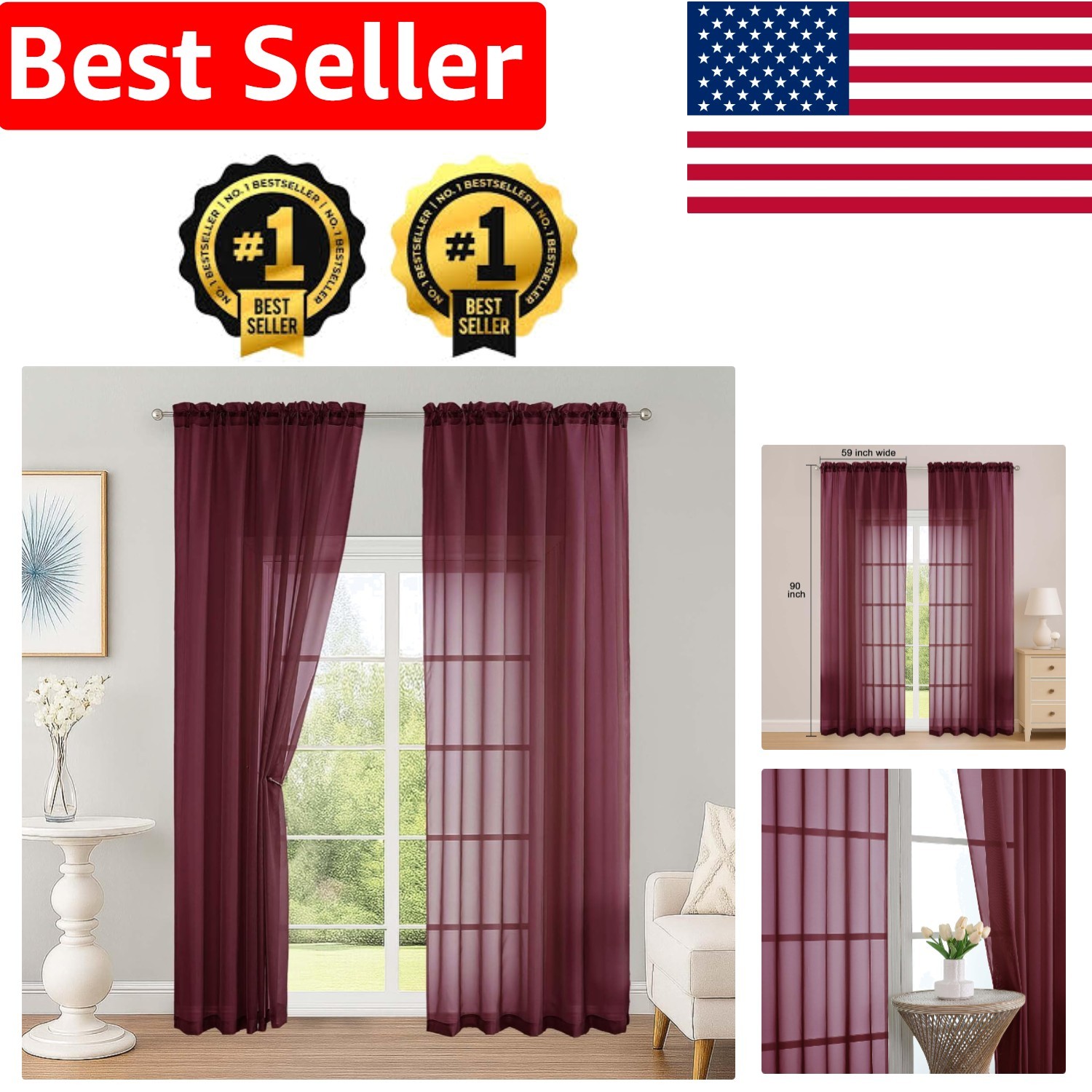 Elegant Burgundy Sheer Curtain Panels, 90-Inch Long, Set of 2 for Stylish Homes