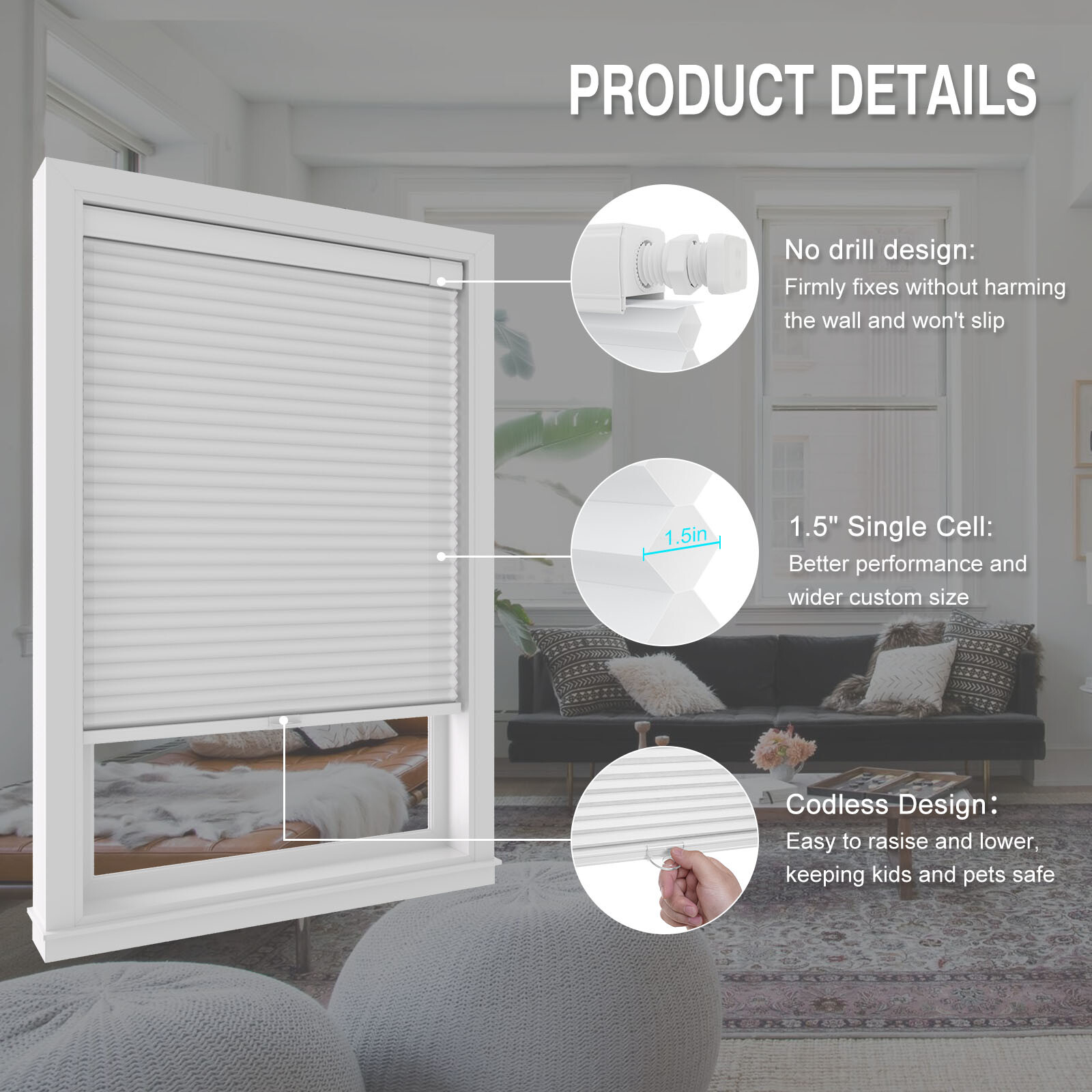 Cordless Light Filtering No Tools No Drill 1.5” Cellular Shades Honeycombs Blind