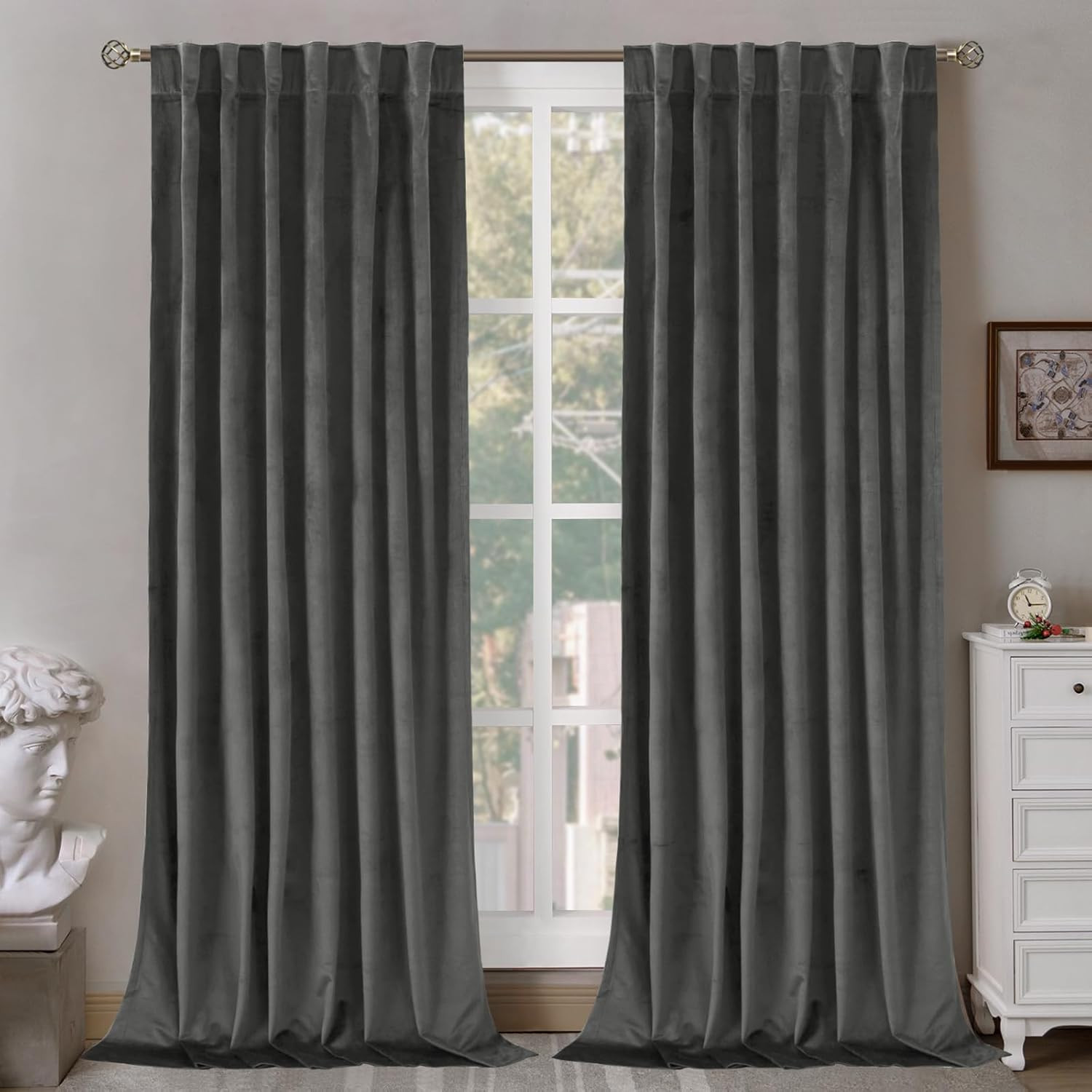 Elegant Grey Velvet Thermal Insulated Curtains 120″ Long – Set of 2 Panels
