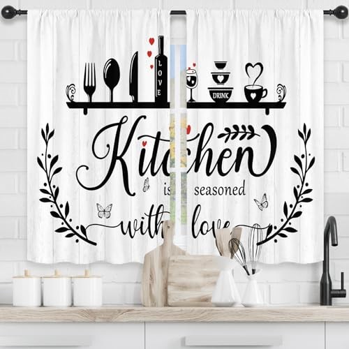 Black White Rustic Kitchen Curtains Short Small Fork Spoon 27.5Wx39H A-white