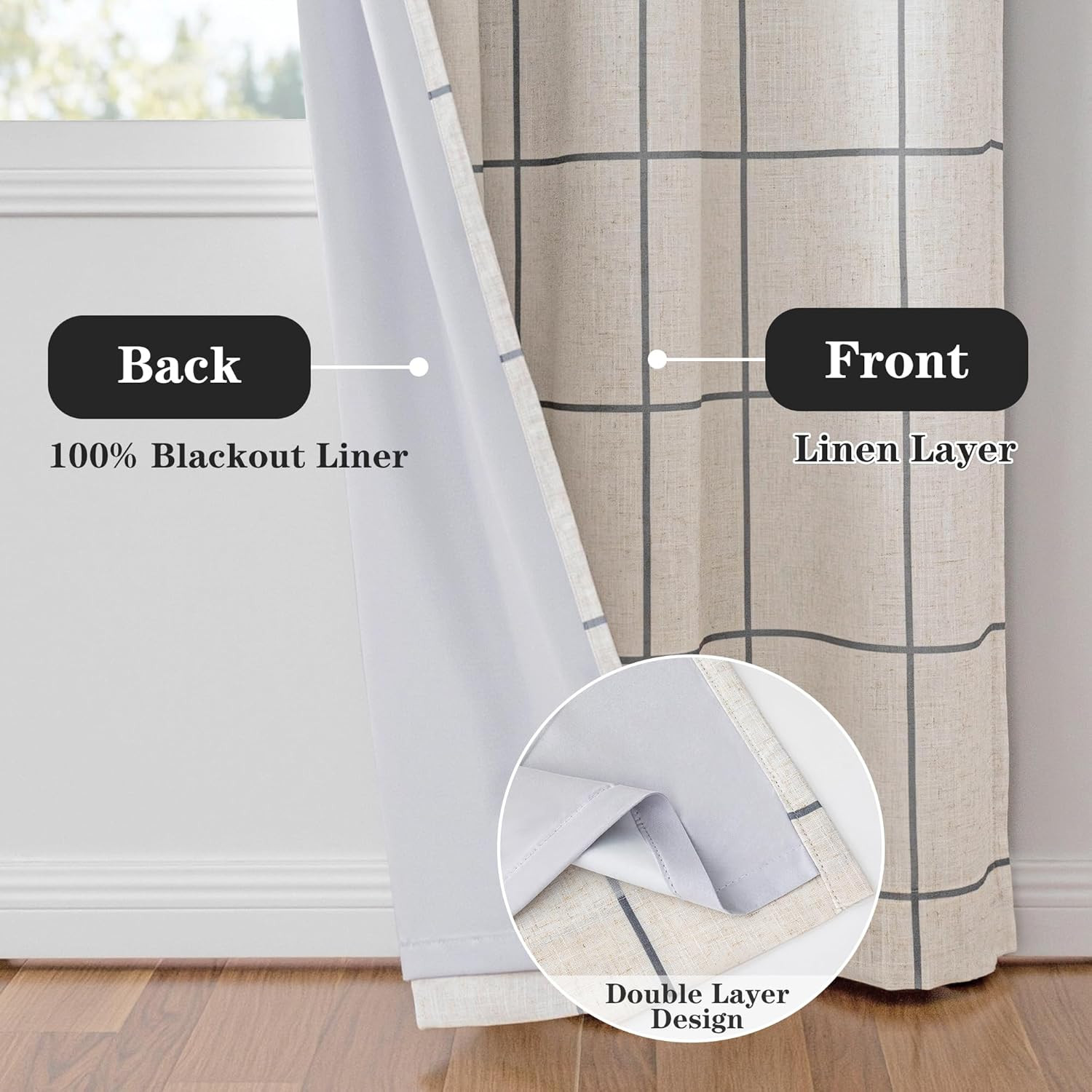 Blackout Plaid Linen Curtains 84″ Long – 2 Panel Set, Deep Grey