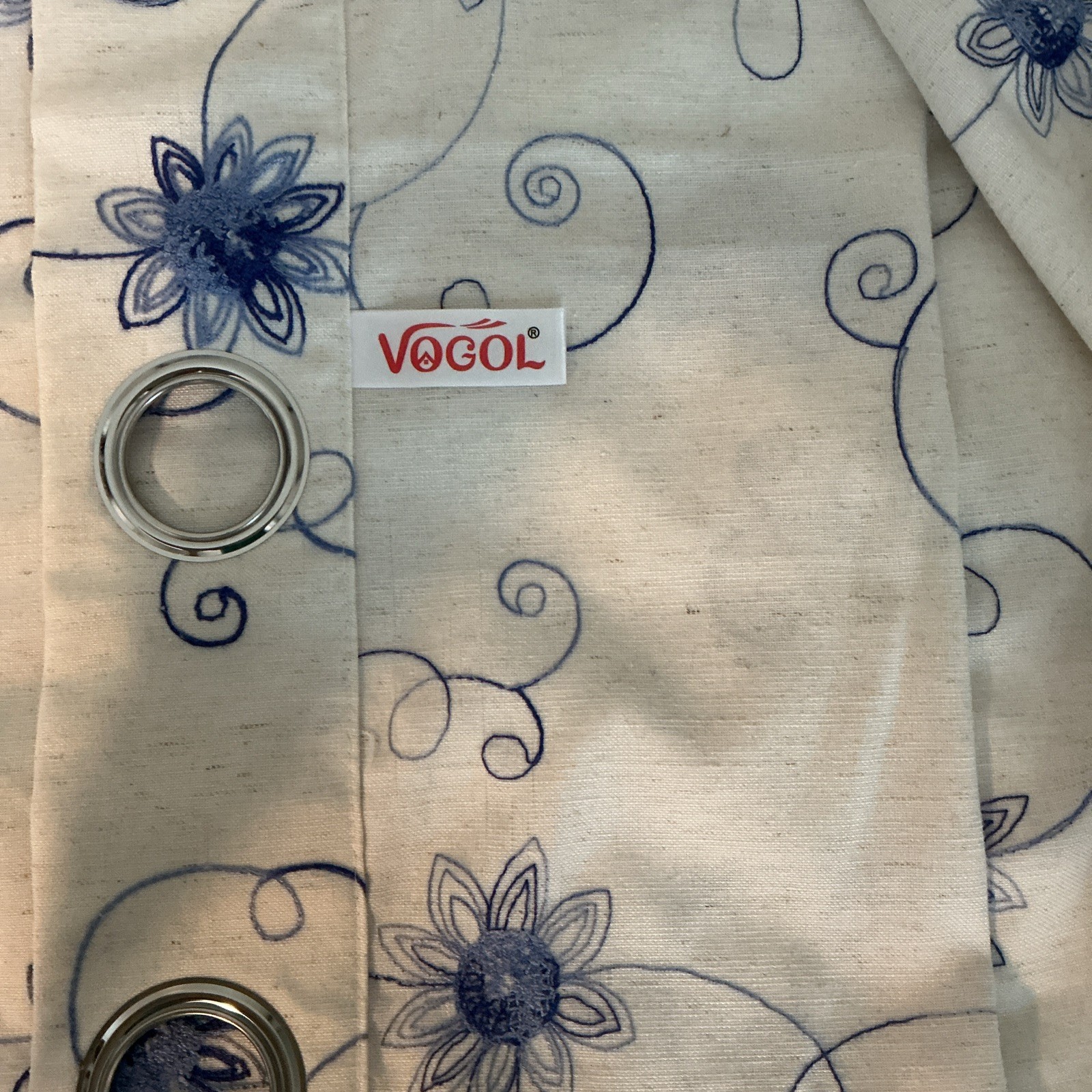 VOGEL grommet Drapery Panel With Embroidered Blue Flowers 5 Available 50”x84”