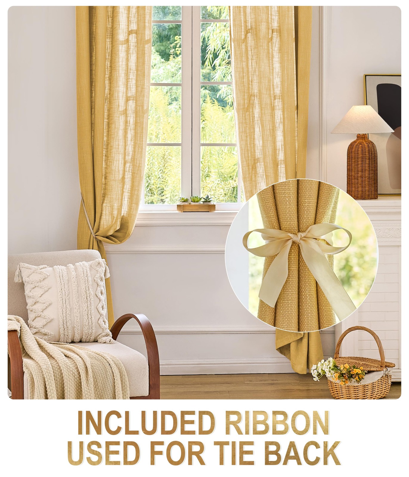 Misstiam Mustard Yellow Linen Window Curtain Panels Grommets 52 Inches Width 96