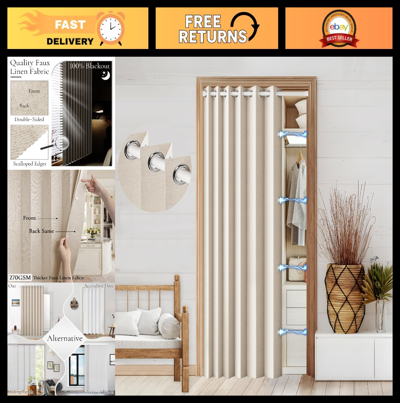 100% Blackout Faux Linen Doorway Curtain, 80″ Room Divider, Magnetic Accordion S