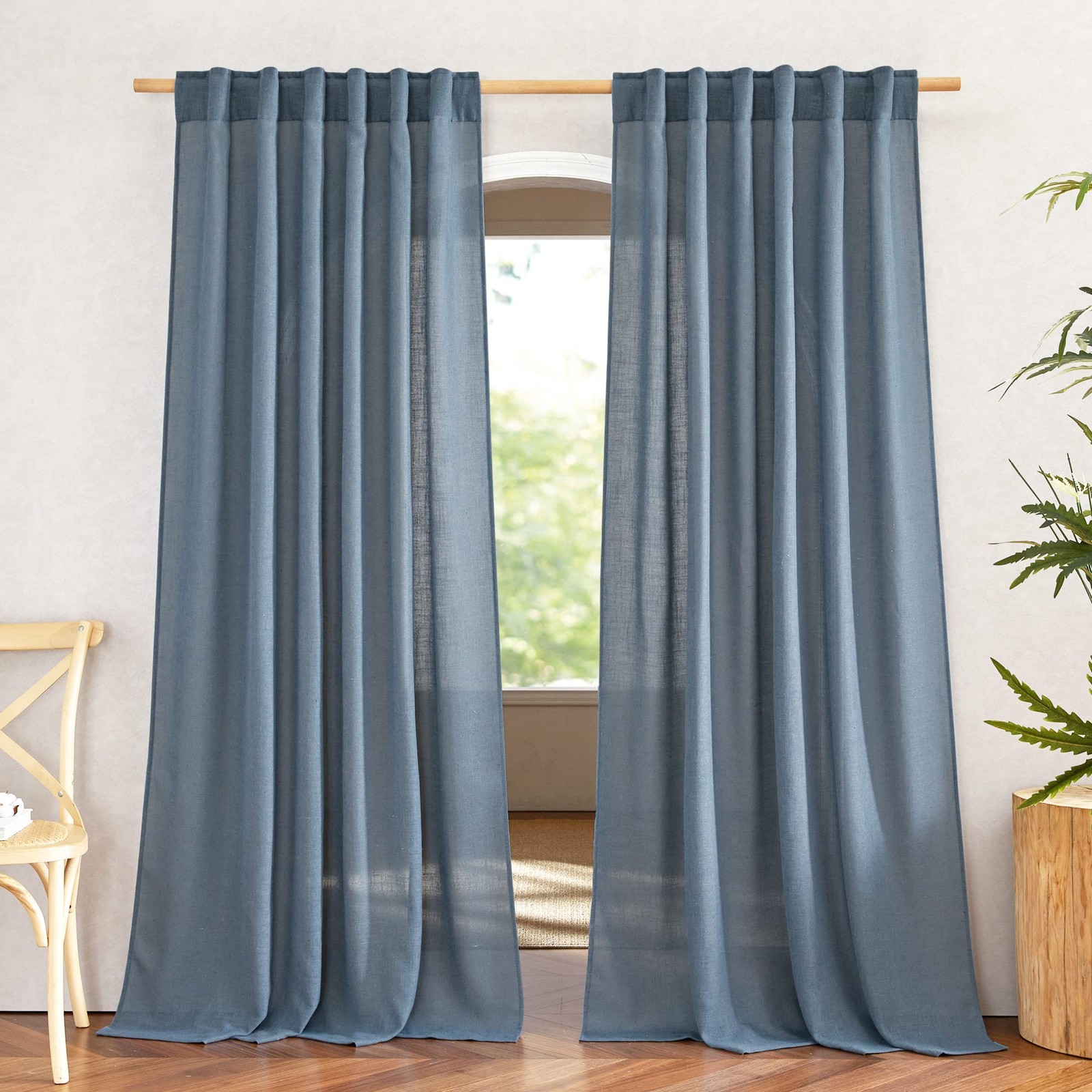 NICETOWN Stone Blue Linen Curtains W52 x L90, 2 Panels Semi Sheer Privacy