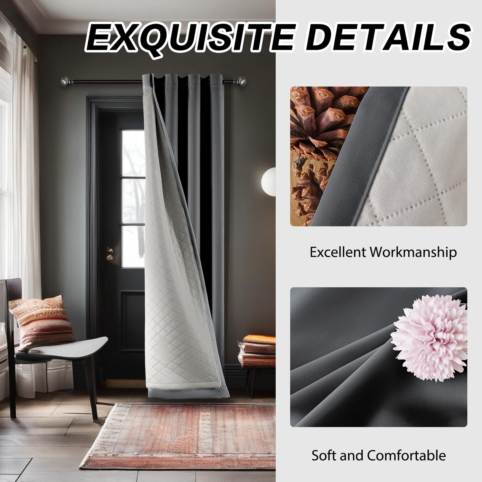 3 Layers Soundproof 100% Blackout Grey Curtains 1 Panel 50×108 Thermal Insula…