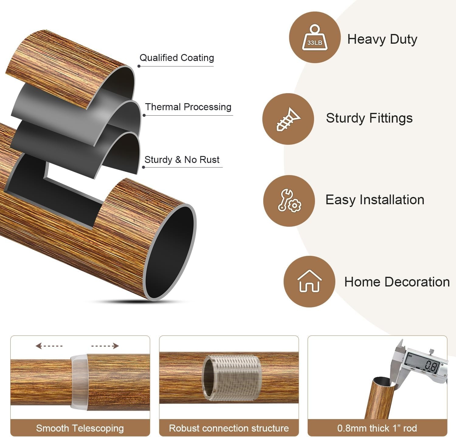 Stylish Boho 66-120in Adjustable Curtain Rod, Supports 33 lbs, Easy Installation