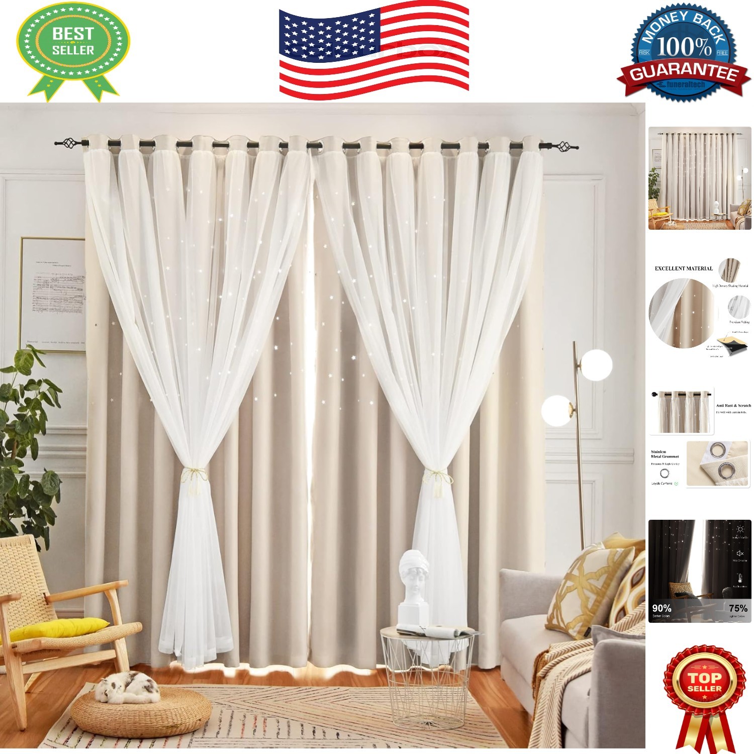 Energy-Saving Blackout Curtains with Star Design for Dreamy Kids’ Spaces – Beige