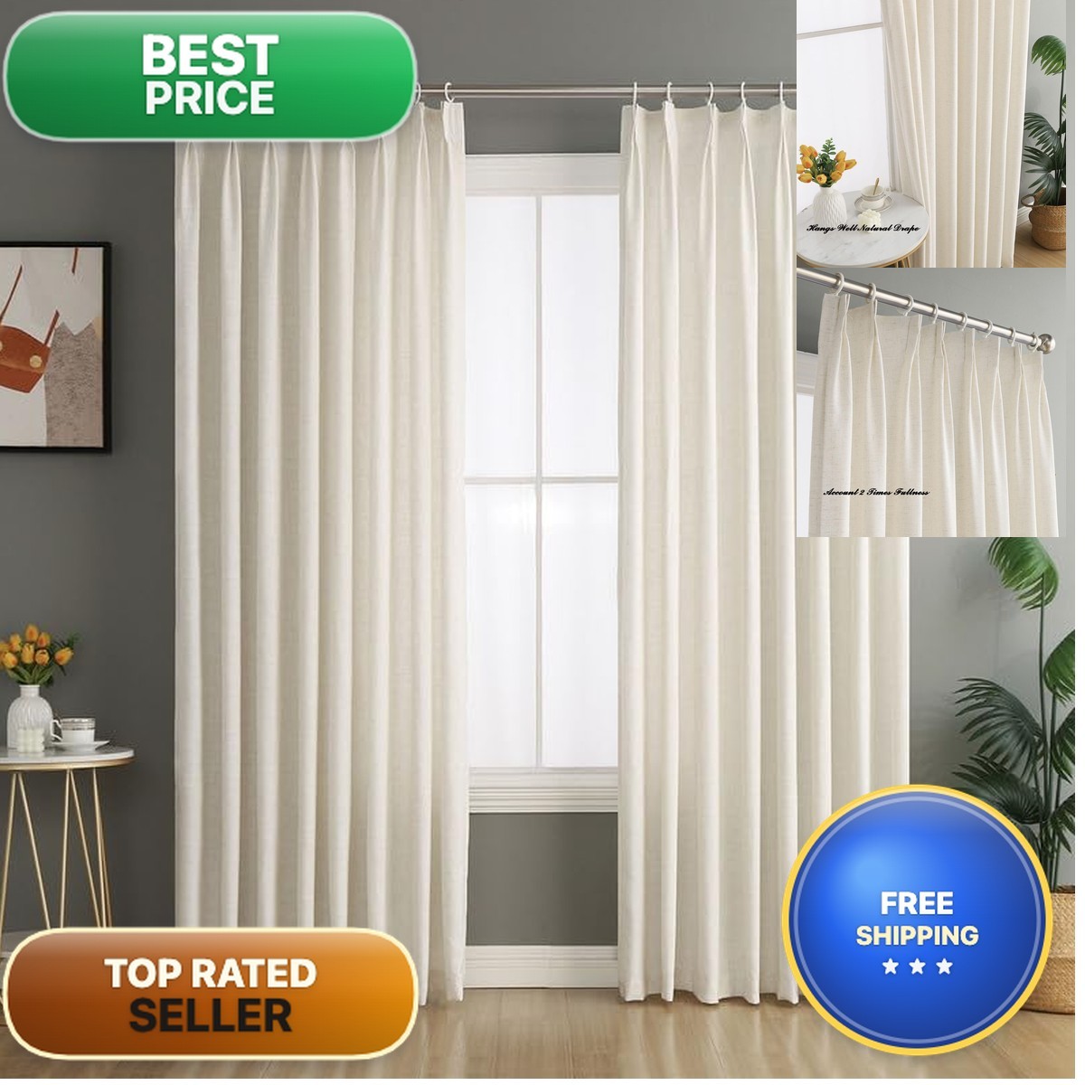 Grichril Pinch Pleated Linen Blended Curtains Semi-Sheer 72×96 inch (1 Panel)