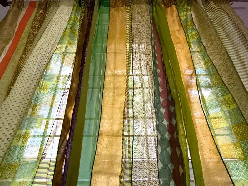 2 Pc Indian Old Recycle Silk Saree Boho Multi Curtain Door Drape Decor Curtain
