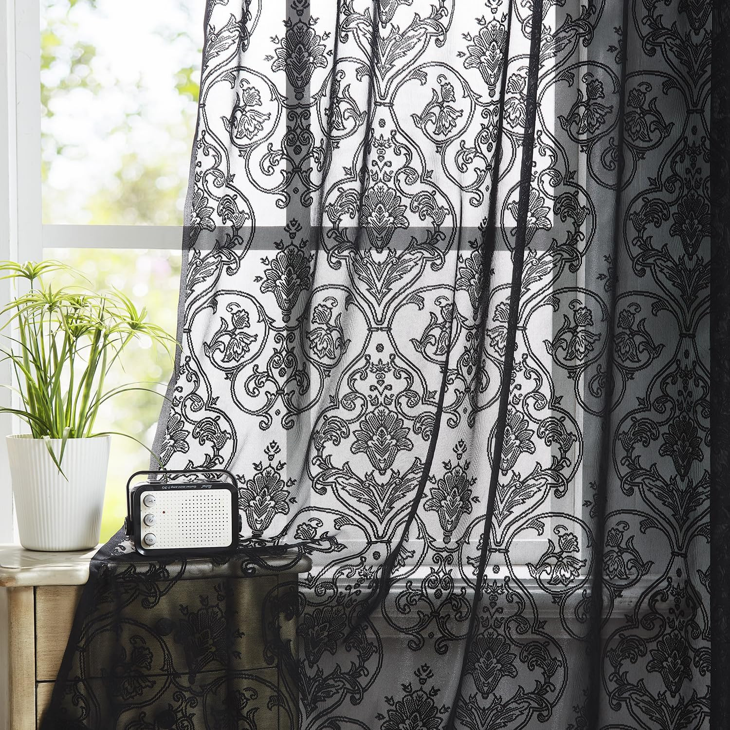 Damask Lace Sheer Curtains Black – Vintage Luxury Traditional Floral Sheer Curta