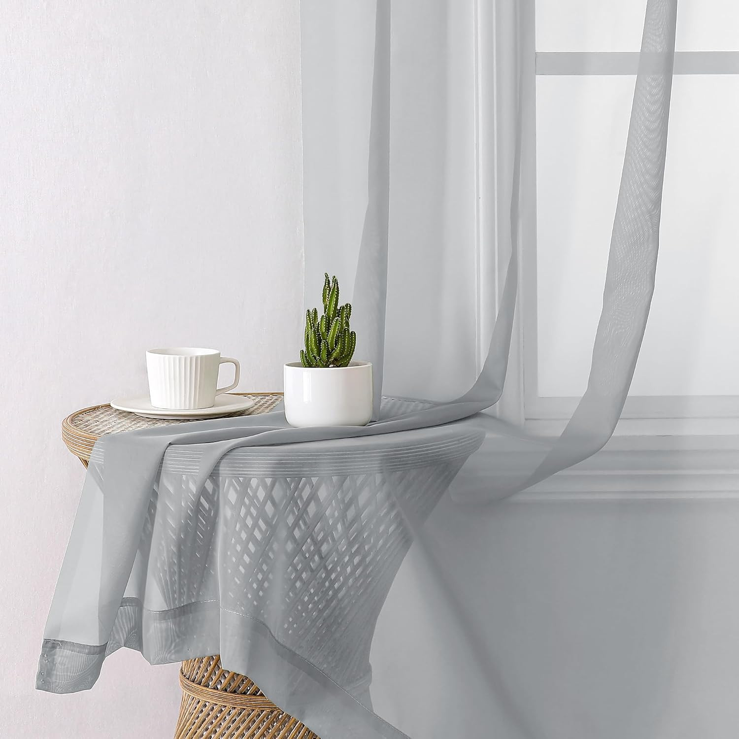 Light Grey Sheer Window Curtains 84 Inches Long 2 PCS- Rod Pocket Living Room Cu