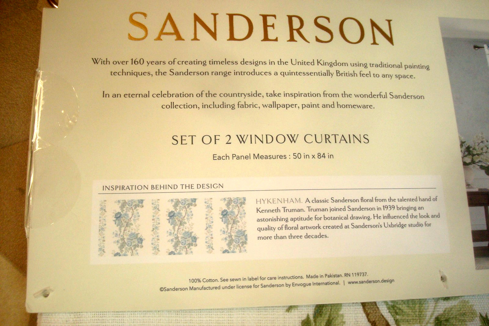 NWT Sanderson 2 pc Window Curtain Panels Hykenham Floral Aqua Blue Cotton 84″ lg