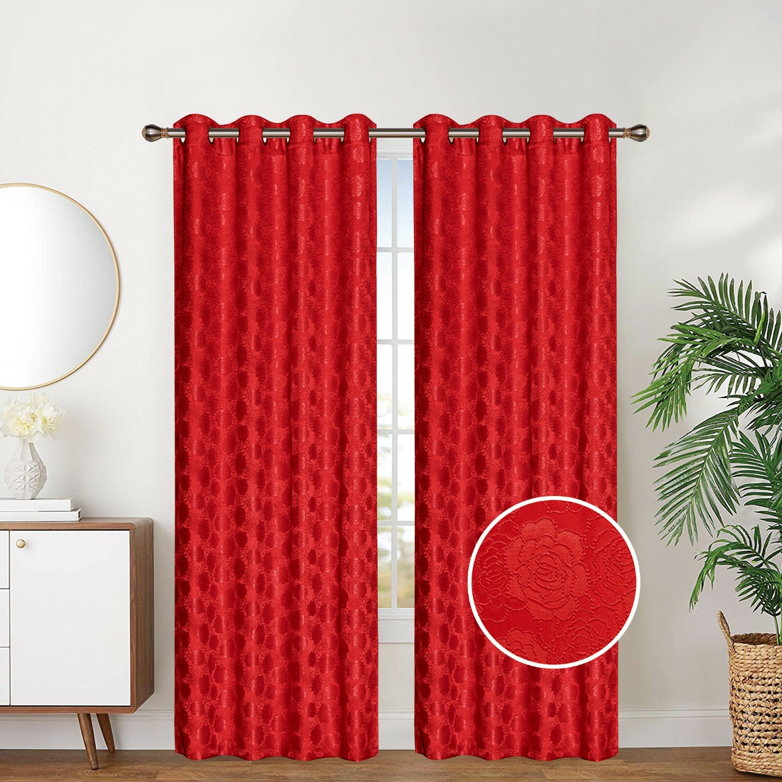Floral Print Embroidered Grommet Top Window Curtain Panel Drape, 81029