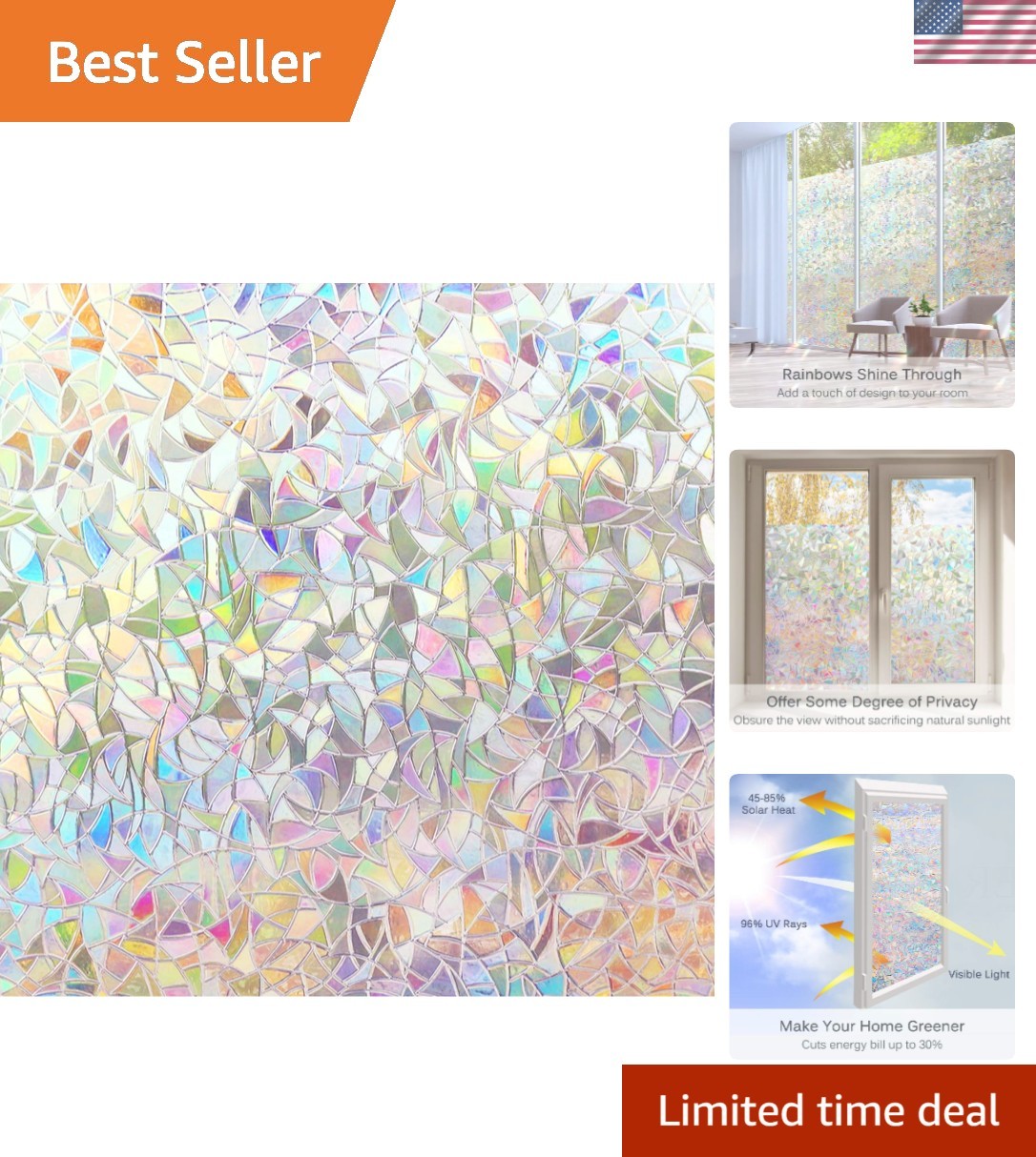 UV Blocking Rainbow Window Film 17.5″ x 78.7″ – Includes Installation Tools