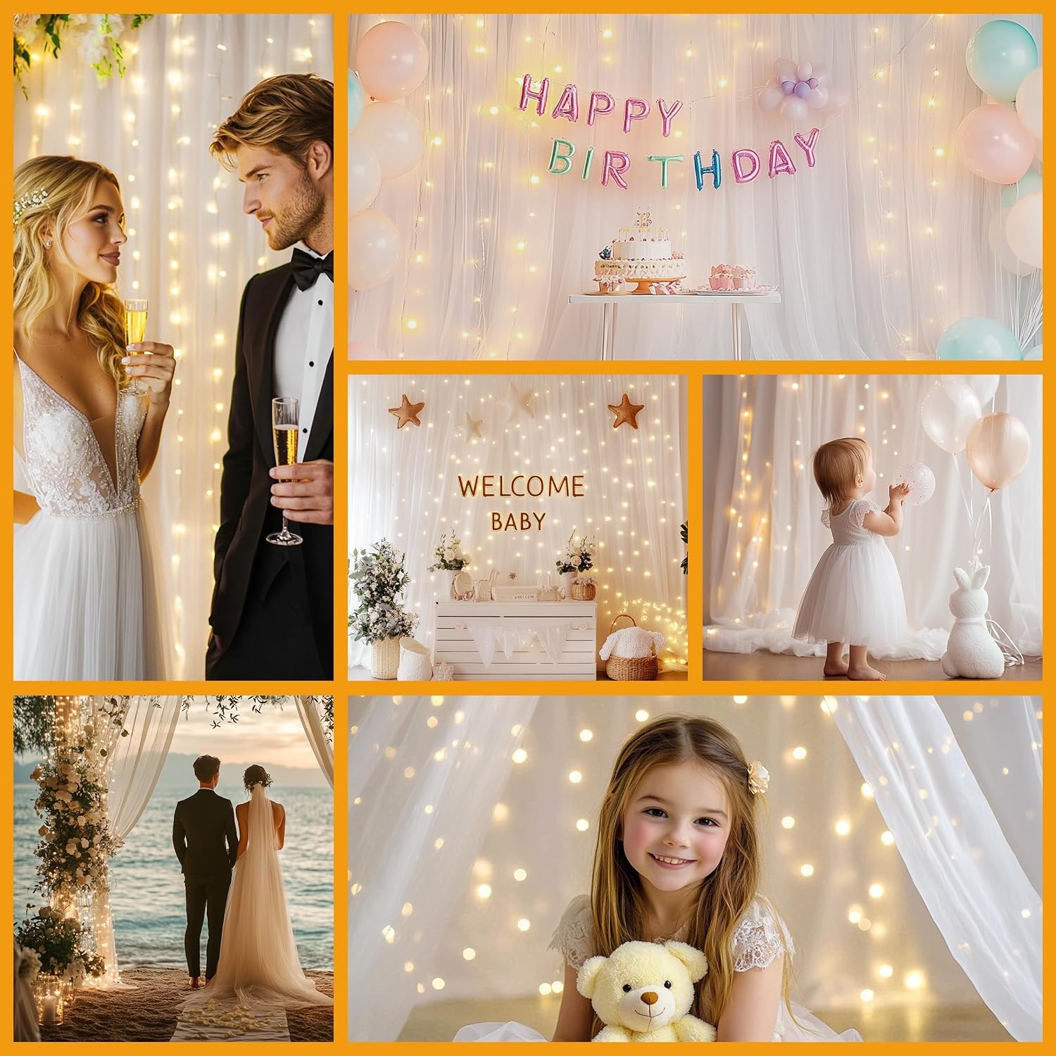 Tulle Curtain Backdrop with 300 LED Fairy Lights for Parites Wrinkle-Free Sheer