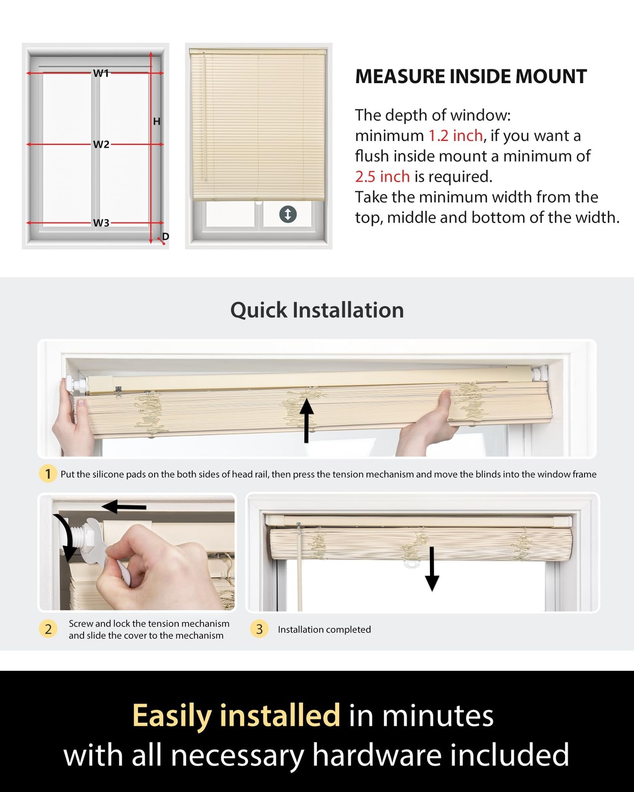 UNISHADES No Drill Cordless Mini Blinds, L-Shaped Slats, 44×64 in, White