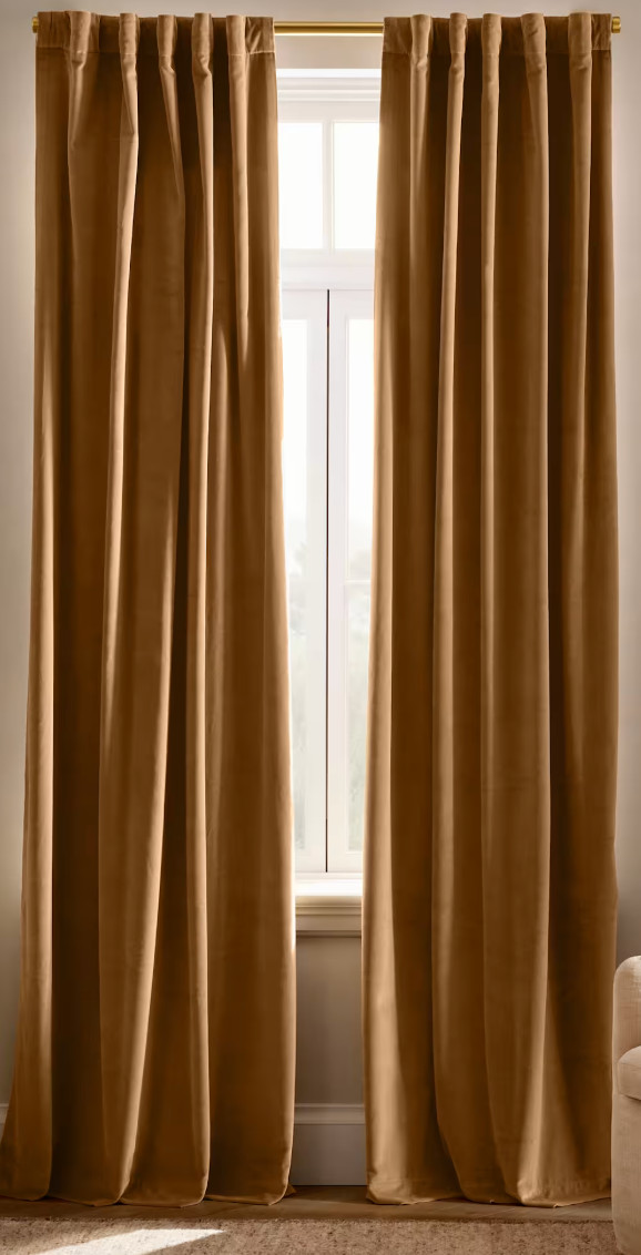 Quince Cotton Velvet Curtain Panel 48×84 Camel Brown Lined Rod Pocket