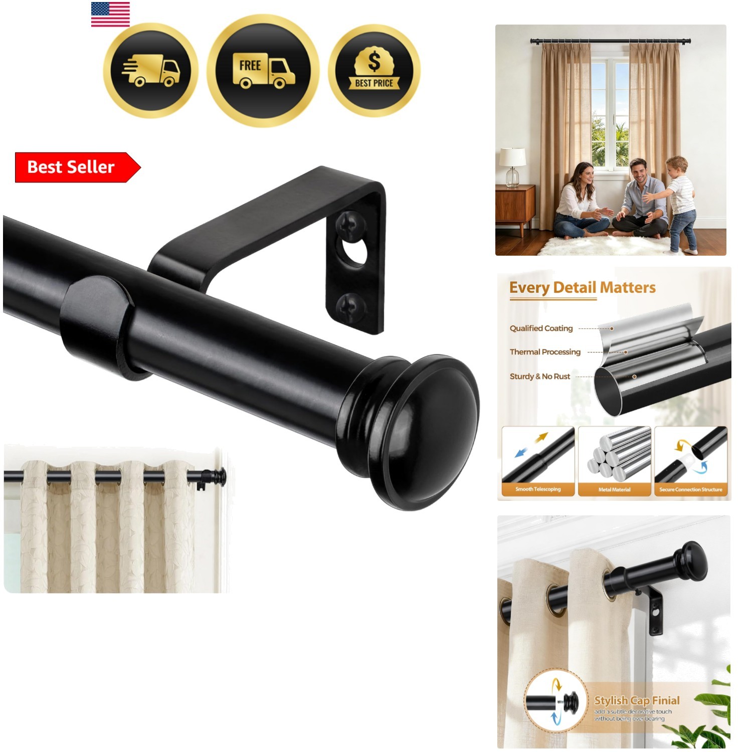 Curtain Rod 32 to 58 Inch2.6-4.8ft, Telescoping Splicing 3/4 Drapery Rods for…