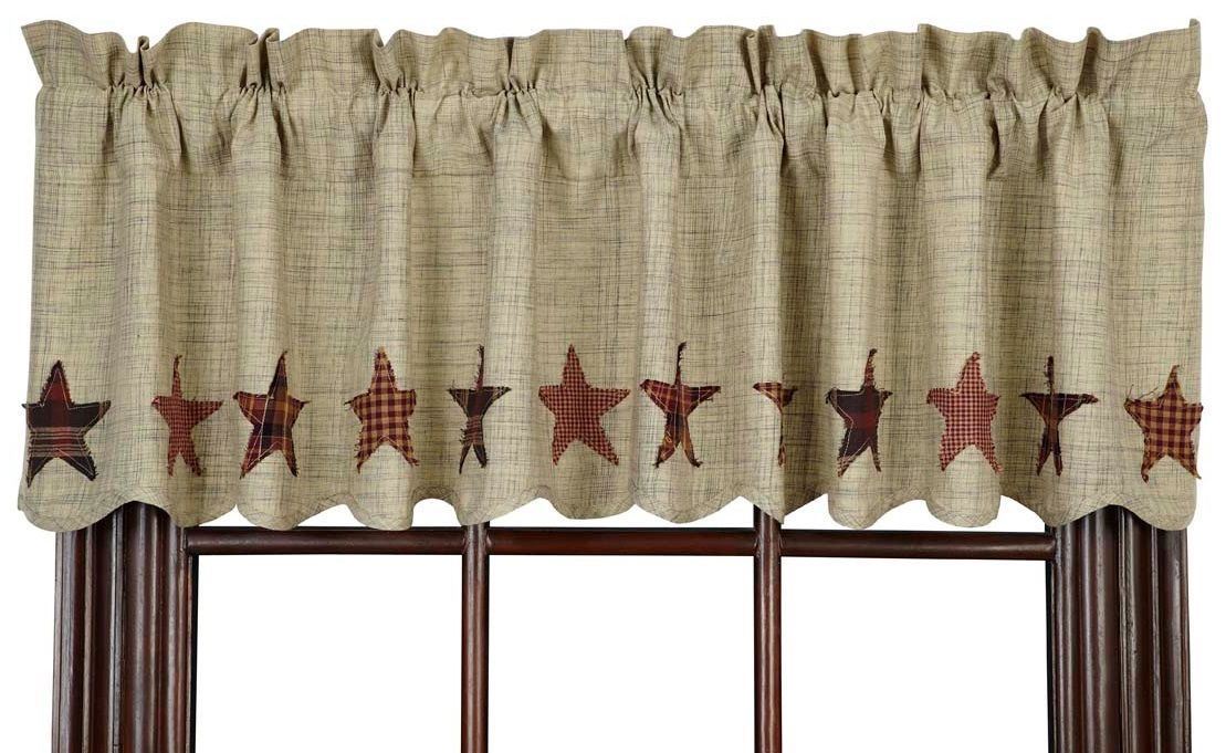 Abilene Star Lined Country Window Valance Textured Cream w/ Plaid Star Appliques