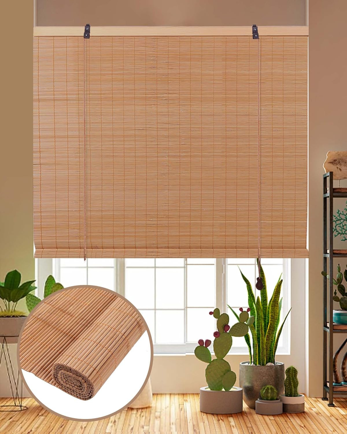 Retro Bamboo Roman Shades 35″ W x 64″ H Light Filtering Roll-Up Blinds Brown