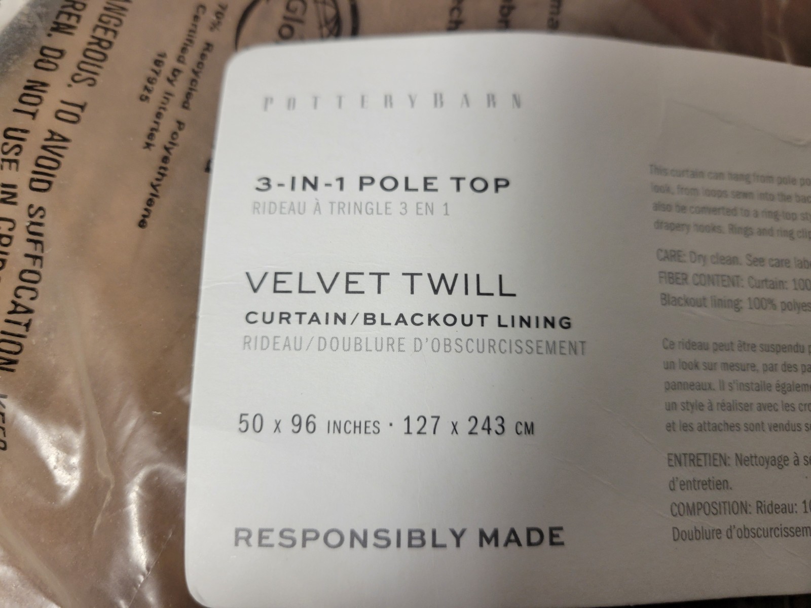 POTTERY BARN ~ 3-in-1 ~ Pole Top ~ Velvet Twill Curtain ~ Blackout ~ 50”x96”