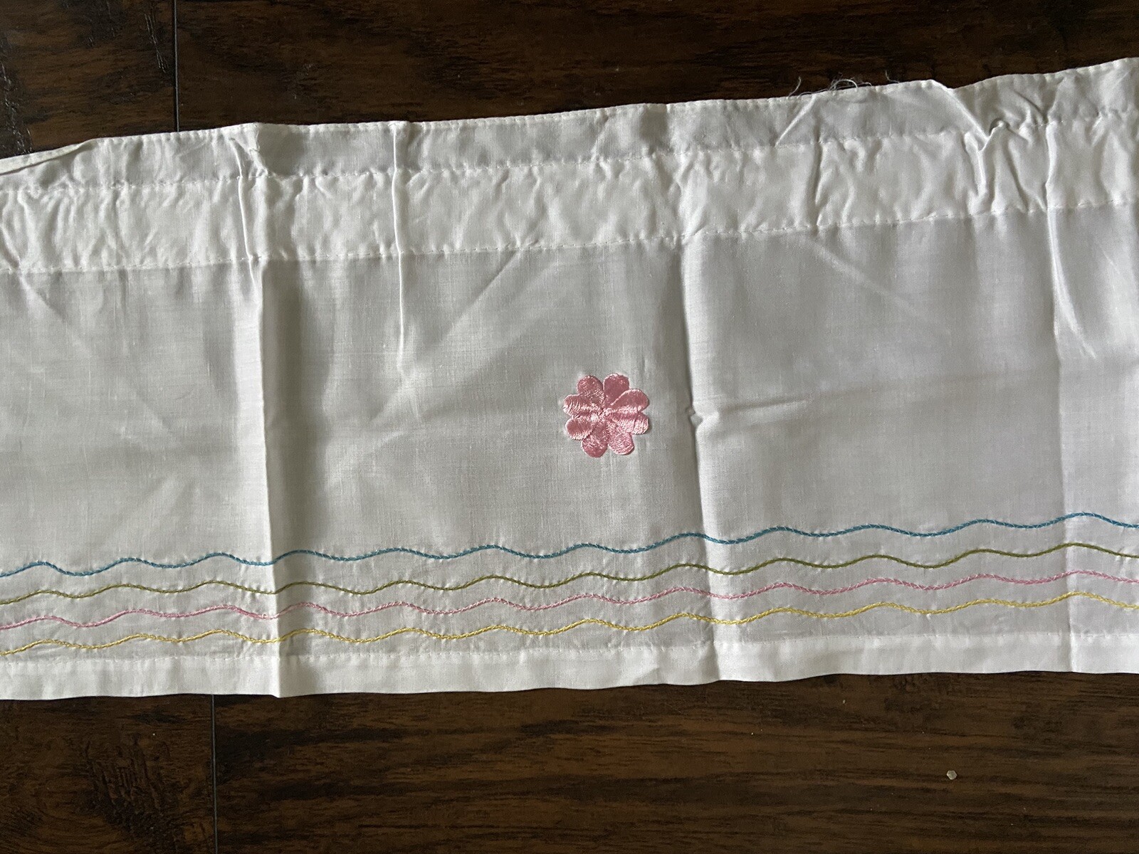 Vintage White Curtains W/Valence Embroidered Multi Colored Floral Design vg
