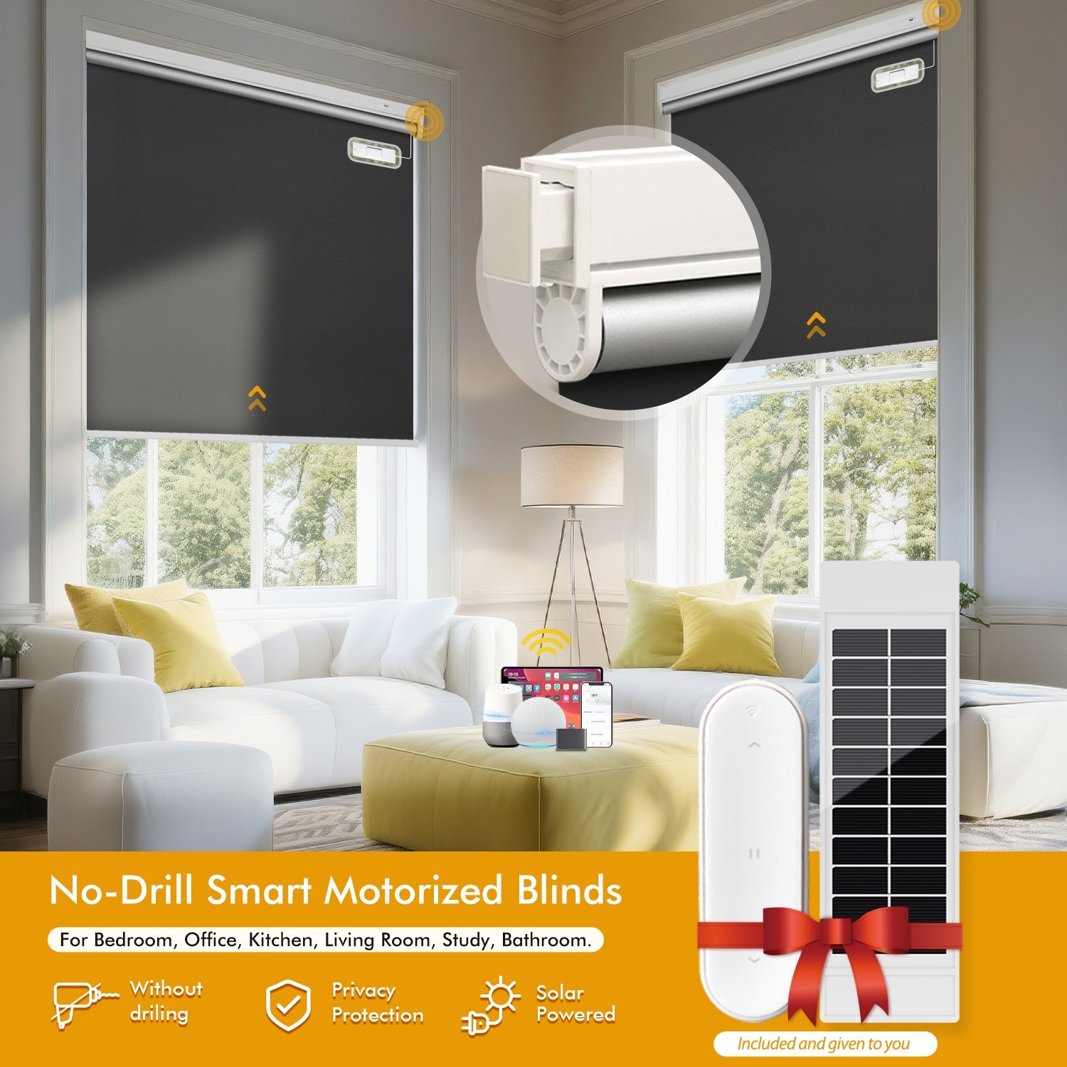 Cordless No-Drill Motorized Roller Blinds with Remote Control Solar Panel Includ