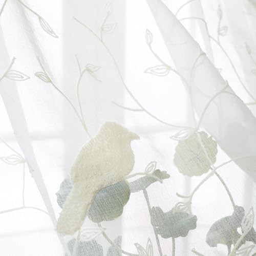 Bird Embroidered Kitchen Valances, White Sheer 60″W x 14″L (Pack of 1) Birds