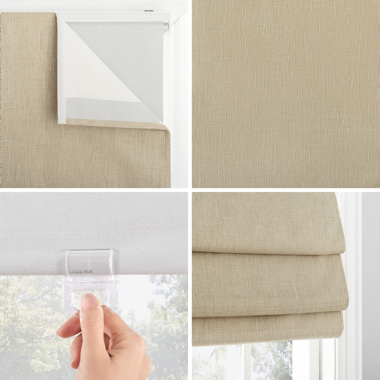Sun Zero Preble Textured Total Blackout Cordless Roman Shade, 31″ x 64″, Beige