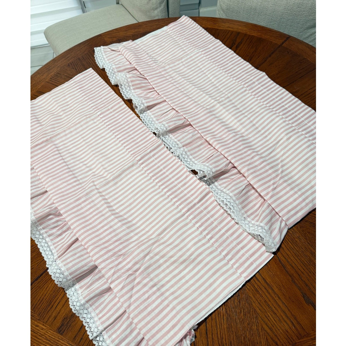 Vintage Set 2 Pink Striped Valance Curtains 64×16 Lace Ruffle Edge Girls Nursery