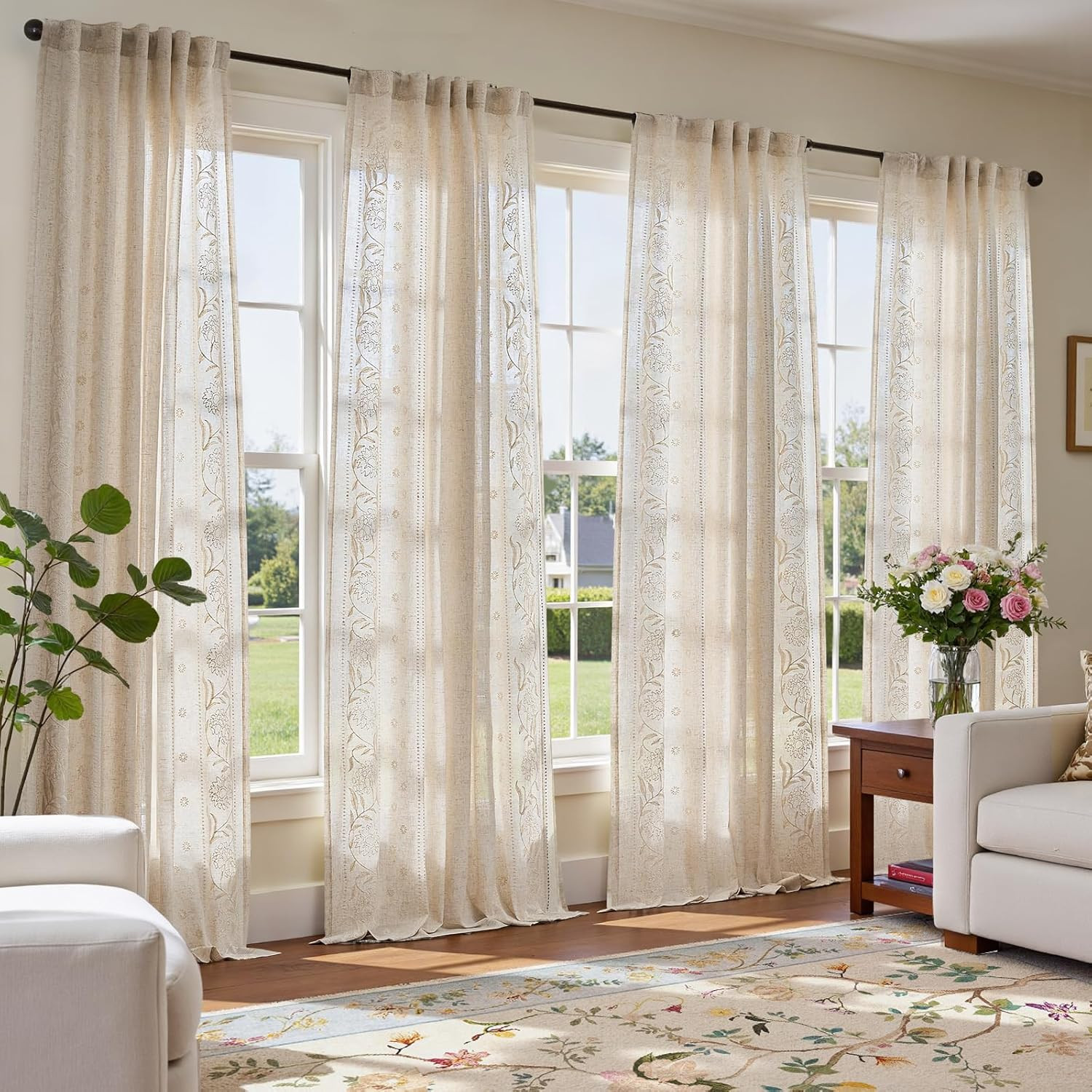 Winslow Floral Linen Curtains 84″ Ivory Embroidered Set of 4 for Farmhouse Decor