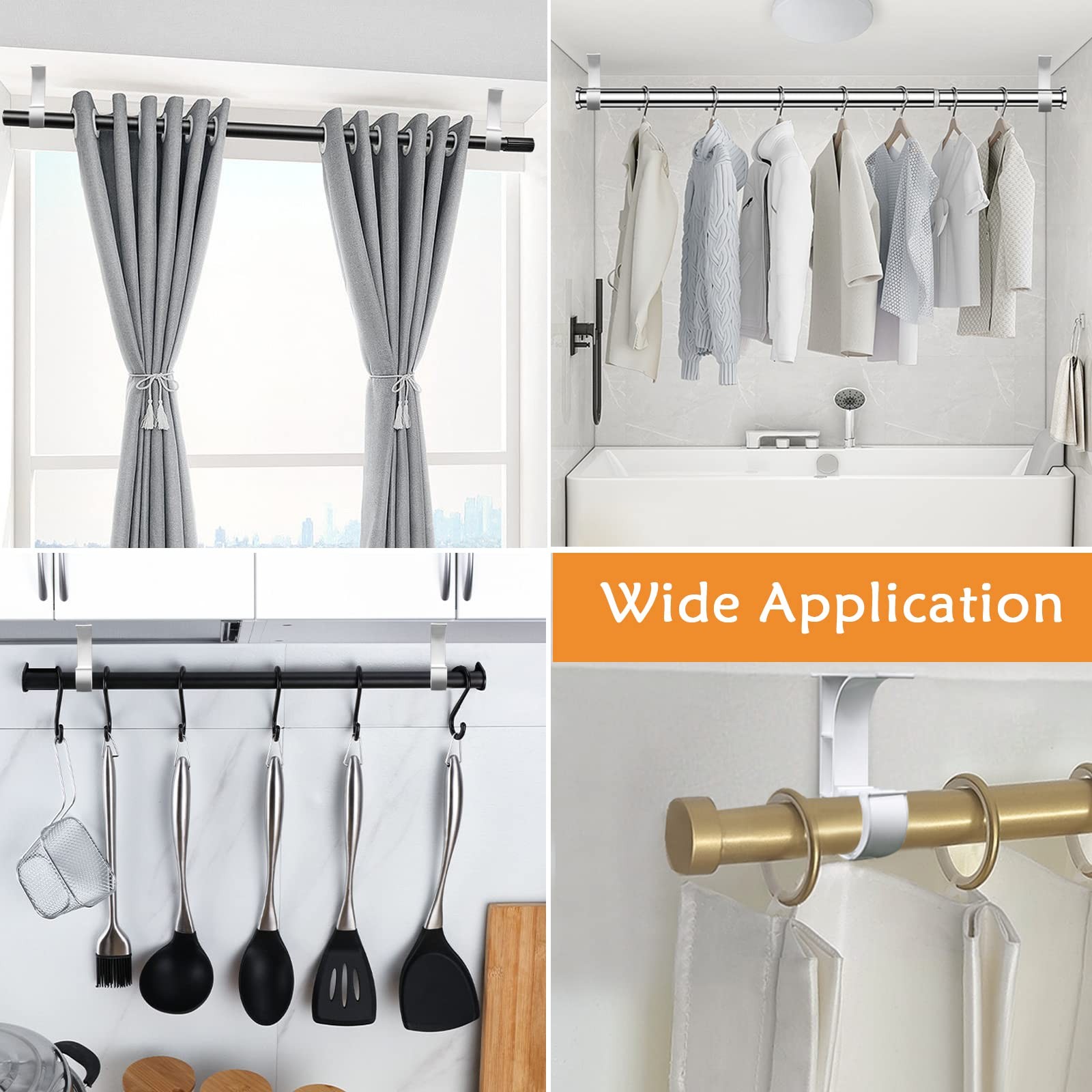 4 PCS Ceiling Curtain Rod Holder Heavy Duty Brackets White Hooks 1 Inch Poles