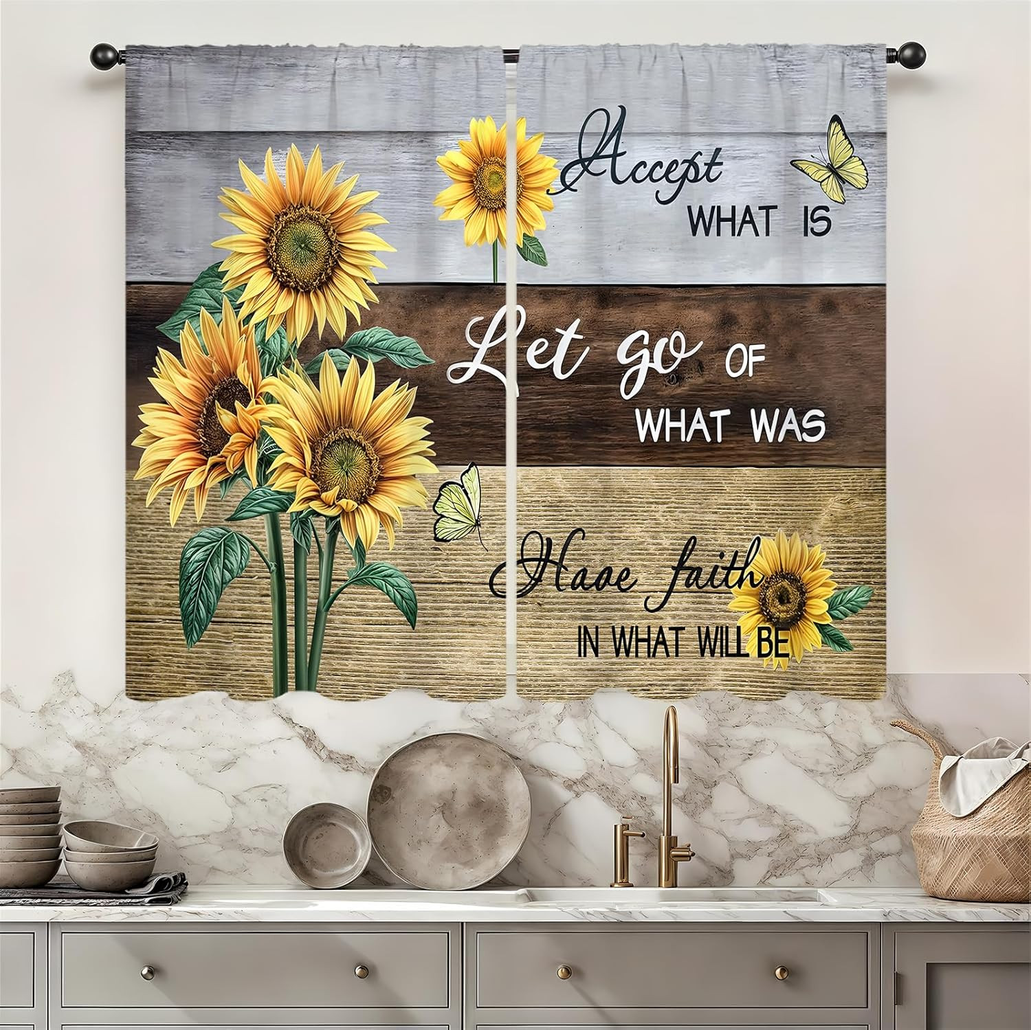 Sunflower Farmhouse Kitchen Curtains 27.5W X 39L Inch 2 Panels Rod Pocket Yellow